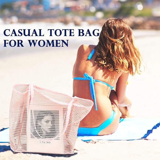 Mesh Beach Bag, Large Beach Tote with Zipper Pocket, Toys Pool Bag for Family Travel Vacation Cruise Essentials