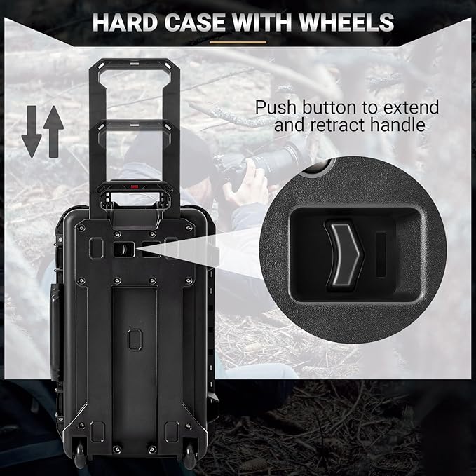 Waterproof Rolling Camera Hard Case 22x14x9 Inch, Impact-resistant Travel Case with Padded Dividers & Wheels for Cameras, Lenses & Accessories(Black)