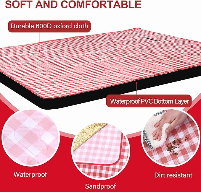 HX&OD Picnic Blanket Outdoor Extra Large Picnic Mat 80"X60" Camping Blanket Beach Blanket Foldable Waterproof Sand Mat Hiking Travel Family Concerts(Red)