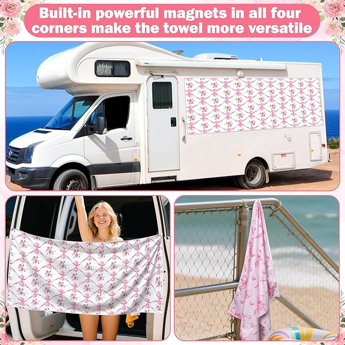 2 Pack Magnetic Beach Towel- 75"x30" Coquette Pink Bow Sand Free Quick Dry Microfiber Towel with Built-in Magnets Lightweight for Beach Chair Car Door Pool Travel Yoga with Storage Bag