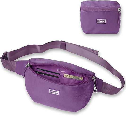 The Foldie Foldable Crossbody Bags for Women & Men - Anti-Theft RFID-Safe Fanny Pack with Smart Lockable Zippers and Cut-Resistant Strap - Lightweight Waist Pack for Travel & Everyday Use - Purple
