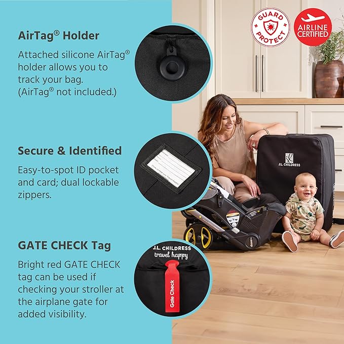 J.L. Childress Travel Bag for Doona & Evenflo Shyft Dualride - Travel Bag for Airplane, Fits Most Infant Car Seats, Airport Accessories for Gate or Baggage Check, AirTag Compatible - Elite, Black