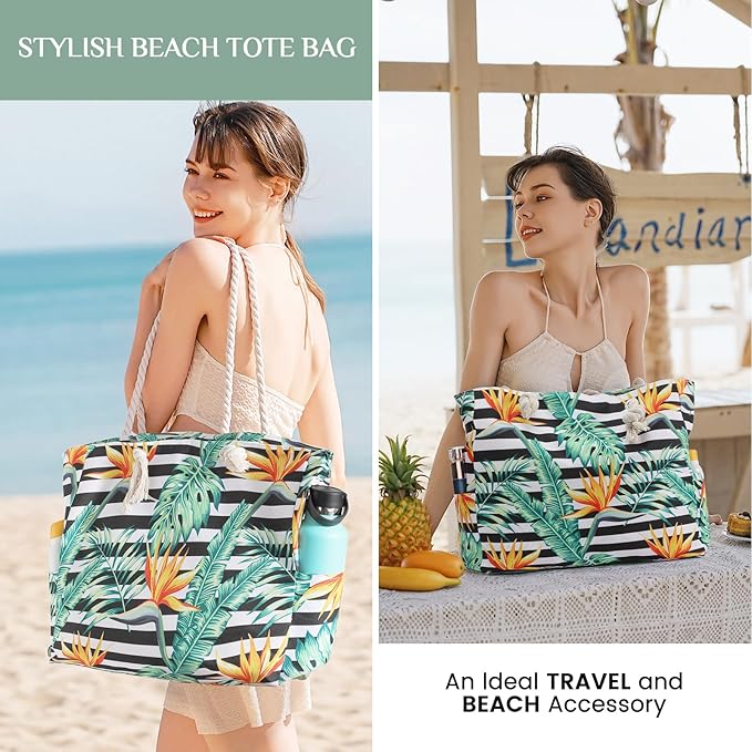 Clothirily Beach Bag for Women - Large Beach Tote Bag, Waterproof Sandproof Beach Bag with Zipper, Large Swim Pool Beach Tote