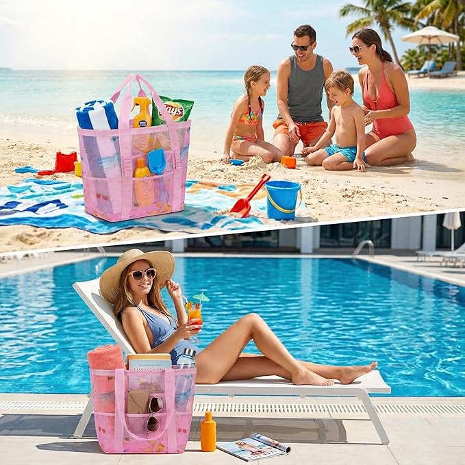 Mesh Beach Bags for Women - Family Beach Tote Bag for Toys, Towels, Travel Vacation Cruise Essentials