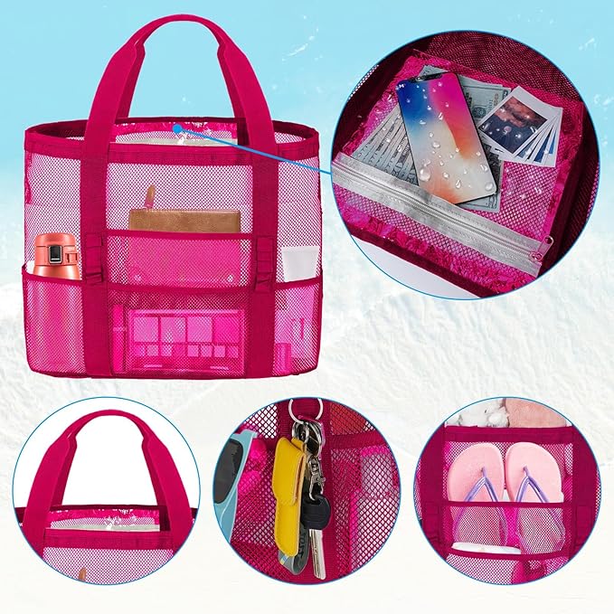 Mesh Beach Bags for Women - Family Beach Tote Bag for Toys, Towels, Travel Vacation Cruise Essentials