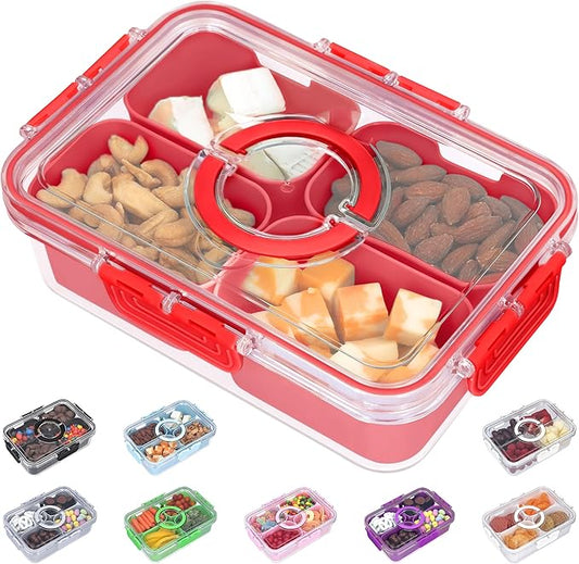 Snackle Box Container with Lid- Travel Charcuterie Box with Handle - Organizer for Candy, Fruit, Nuts, Veggies, Snacks, Beach Essentials, Portable Lunch Box (Red, Small)