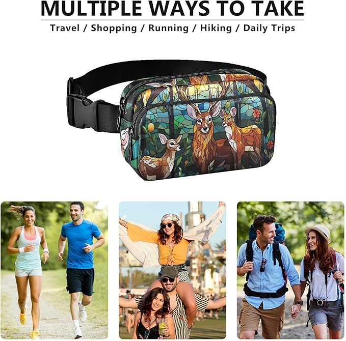 Stained Glass Printed Forest Dear Fanny Pack for Women Men Water Resistant Fashion Waist Packs with Adjustable Strap Belt Bag for Travel Workout Jogging Hiking 21219626