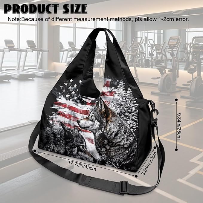 American Flag Wolf Sports Duffel Bag for Men Portable Lightweight Gym Bag with Shoe Compartment and Yoga Mats Holder Zipper Pockets Fitness Stylish Workout Bag for Gym Travel Weekender