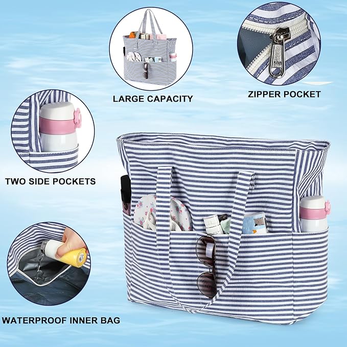 LEDAOU Large Beach Bag Women Waterproof Sandproof Zipper Beach Tote Pool Bag for Swim Gym Grocery Travel with Wet Pocket | Waterproof, Sandproof, Zipper, Pool, Gym, Grocery