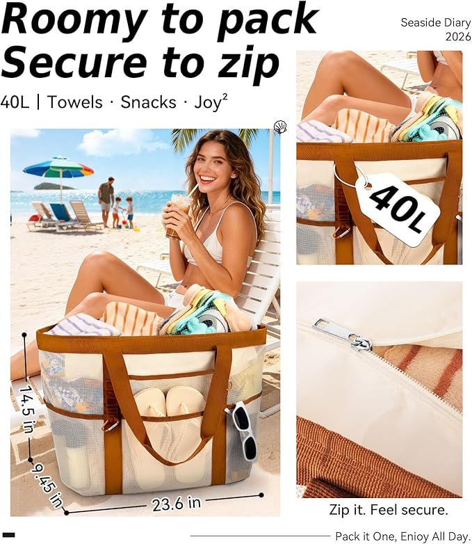 2026 Chic & Spacious XX-Large Beach Bag for Women — Mesh × Canvas Tote with Top Zipper, 11 Pockets, Detachable Pouch | 40L+ Spacious, 11 Tall Pockets, Zipper Pouch, Secure Zip-Top, Sand-Resistant Base