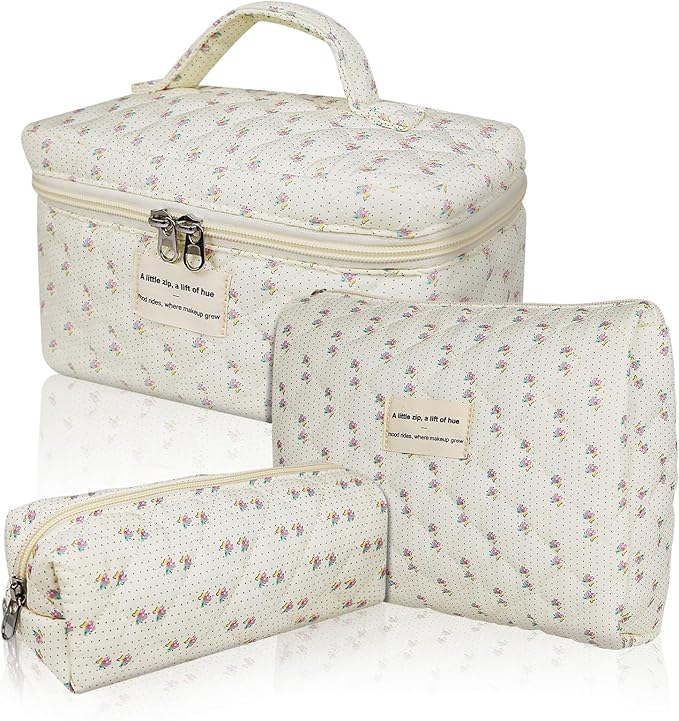 Quilted Makeup Bag, Large Floral Cosmetic Bag for Women, Cute Cotton Makeup Bag, Flower Travel Toiletry Organizer Bag (Flower)