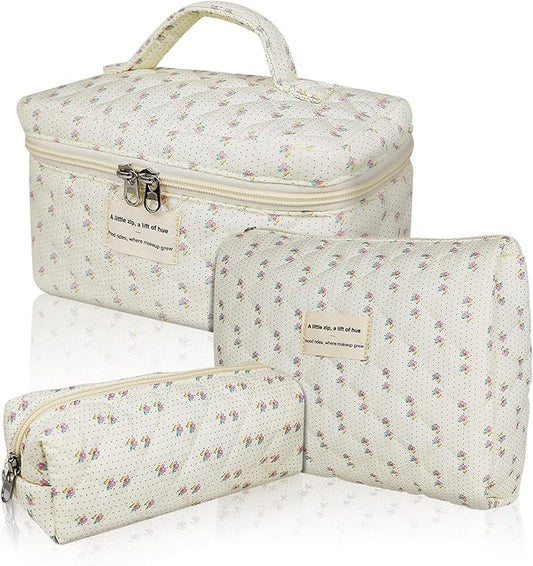 Quilted Makeup Bag, Large Floral Cosmetic Bag for Women, Cute Cotton Makeup Bag, Flower Travel Toiletry Organizer Bag (Flower)