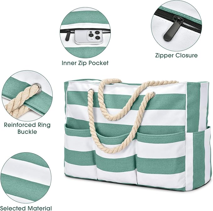 Becokan Beach Bags for Women Canvas Large Beach Tote Bag Zipper Waterproof Sandproof Foldable Swim Pool Bag with 7 Pockets