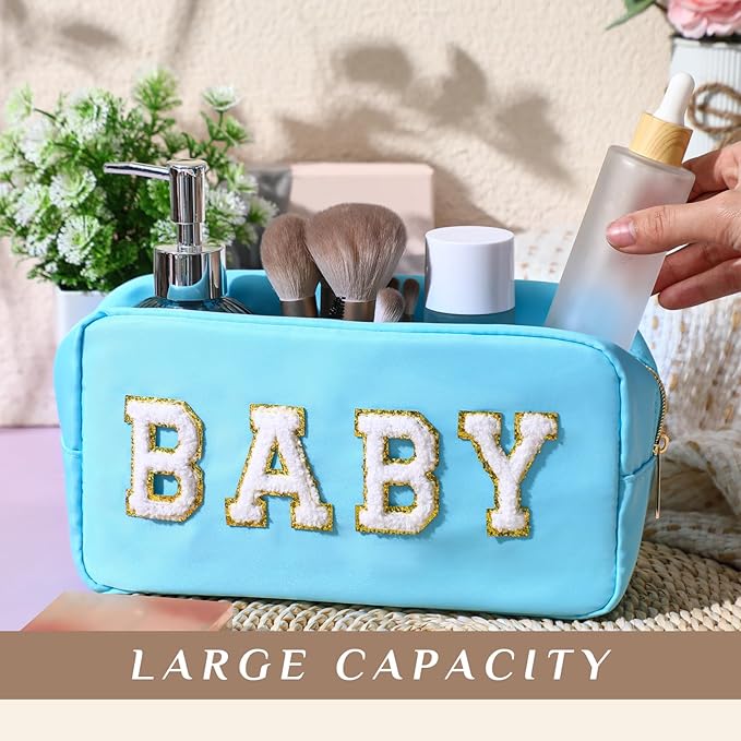 Sanwuta 2 Pieces Mama Gifts Makeup Bag Mom Pouch Birthday Gifts Nylon Cosmetic Bag Mothers Day Appreciation Toiletry Preppy Patch Chenille Letter for Women Her New Mom(Blue, Beige,Baby and Mama)