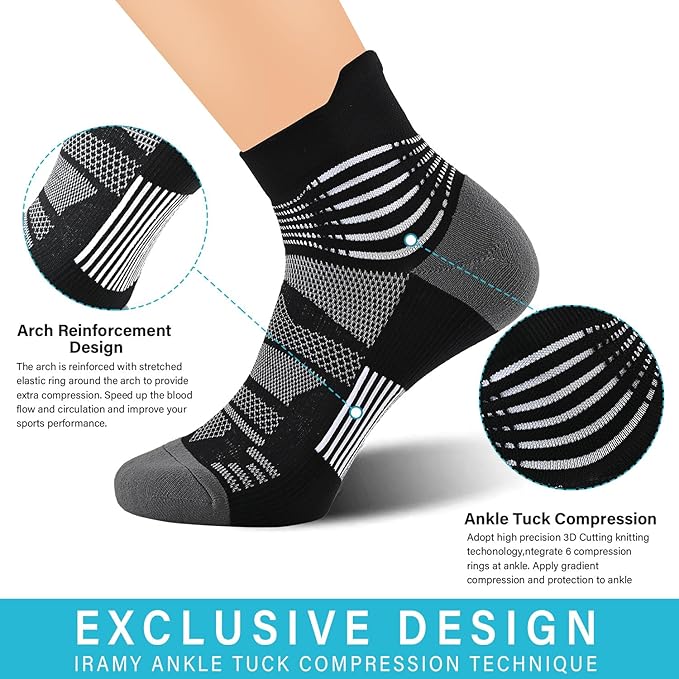IRAMY Compression Ankle Support Socks Coolmax Wicking Cushioned Athletic Plantar Fasciitis Relief Men Women 2/3/4 Pairs