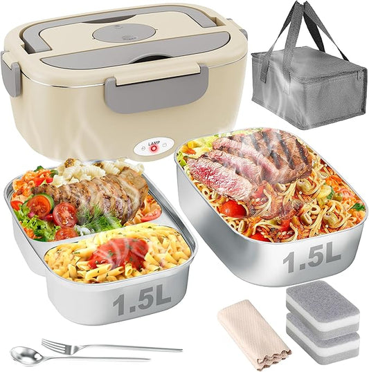 Electric Lunch Box for Men, Women & Adults - 80W Fast Heating - Heated Lunch Box with Dual 1.5L SS Containers - Portable Food Warmer for Car, Truck, Office