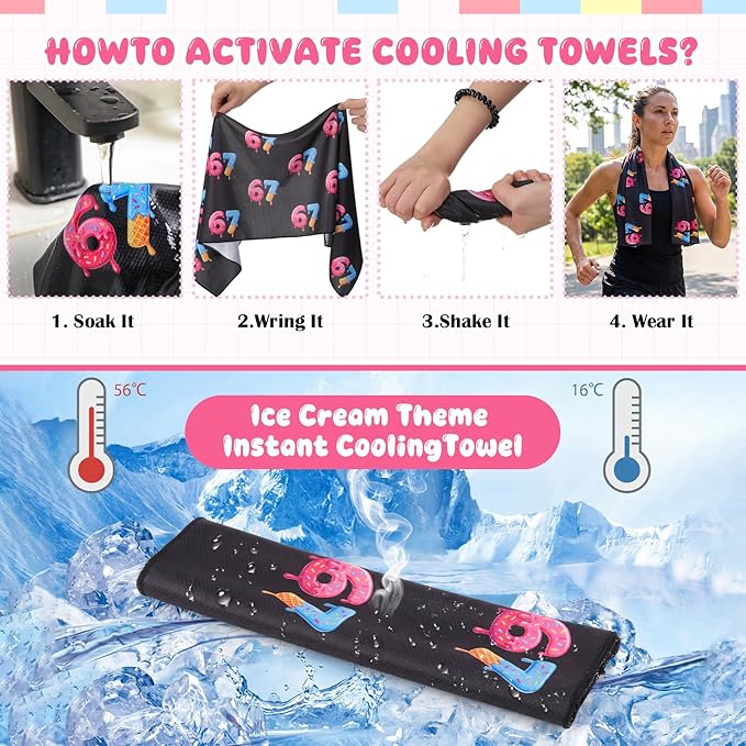 12 Pcs Six Seven Ice Cream Drip Cooling Towel 40"x12" Swim Pool Towel Cooling Baseball Softball Team Gift Youth Gift for Hot Weather Workout Gym Sport Party Favors (67 Ice Cream)