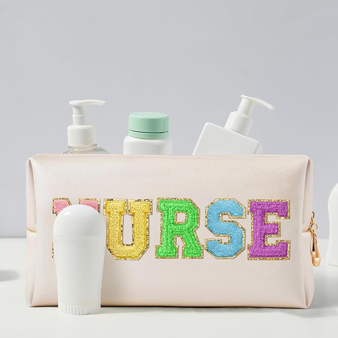 CY2SIDE NURSE Letter Makeup Bag - Colorful Chenille Letter Patch Cosmetic Bag Shell Gold PU Leather Patch Travel Pouch Waterproof Portable Zipper Travel Organizer Case Christmas Gifts for Nurse Women