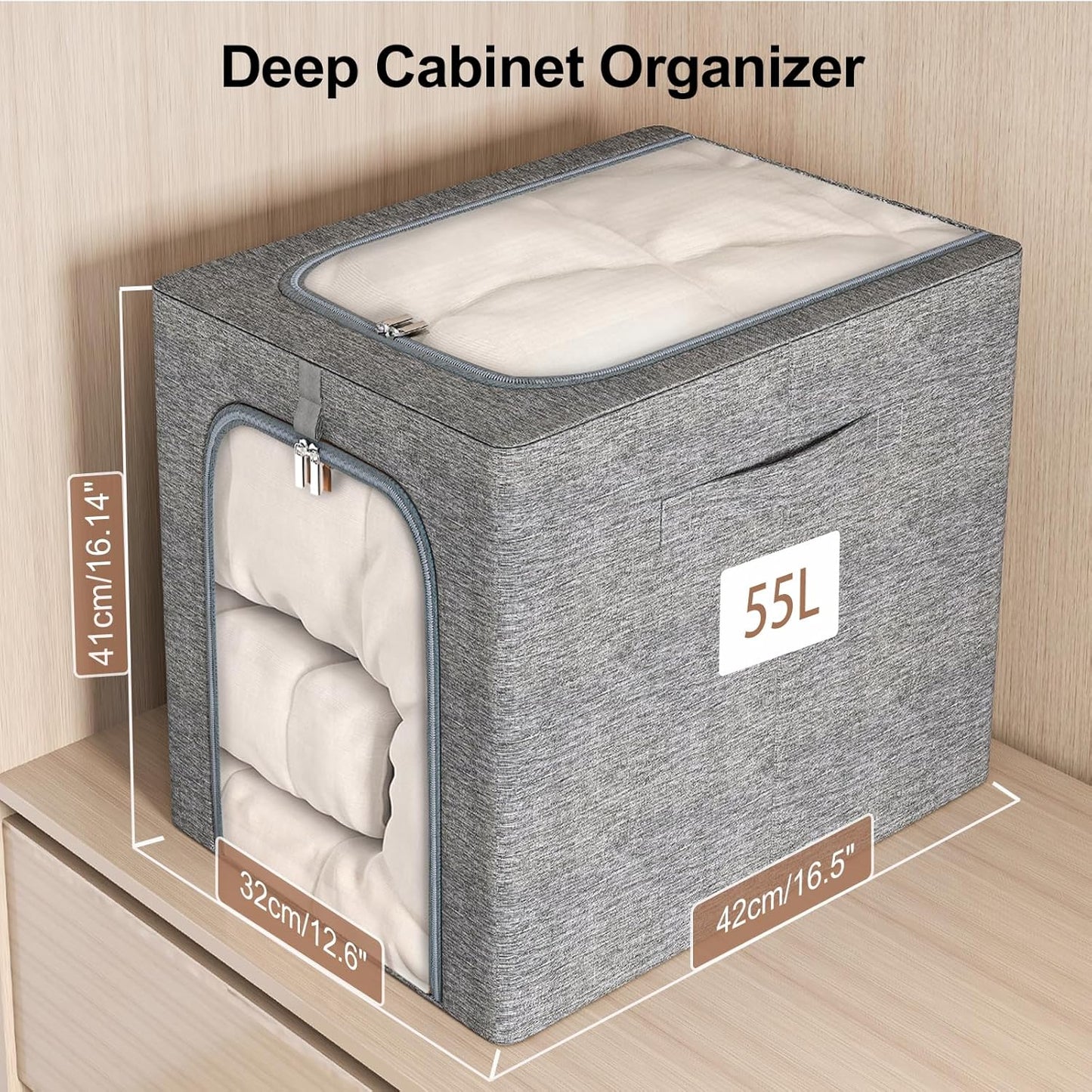 GoMaihe Clothes Storage Bins Metal Frame: 55L Extra Large Stackable Closet Storage Bin with Lid & Clear Window, Heavy Duty Blanket Box for Winter Coats Comforters (Fits Deep Closet 4-Pack)