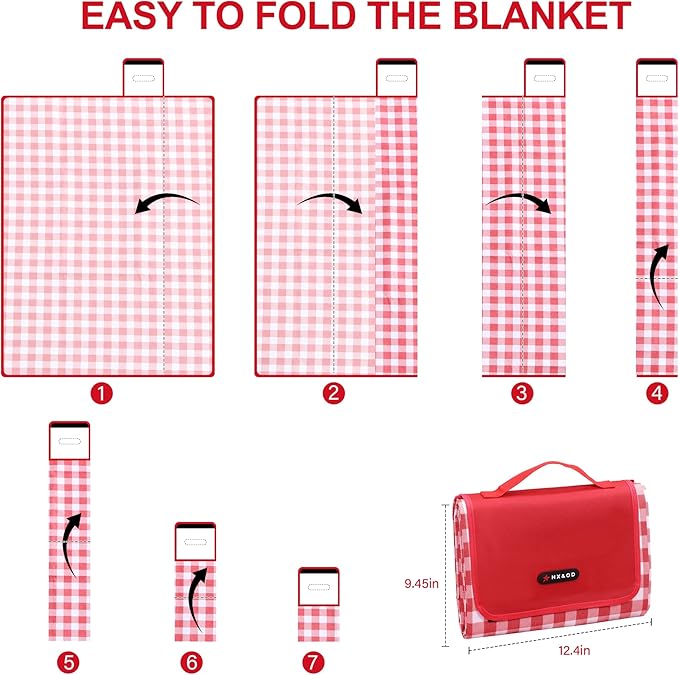 HX&OD Picnic Blanket Outdoor Extra Large Picnic Mat 80"X60" Camping Blanket Beach Blanket Foldable Waterproof Sand Mat Hiking Travel Family Concerts(Red)