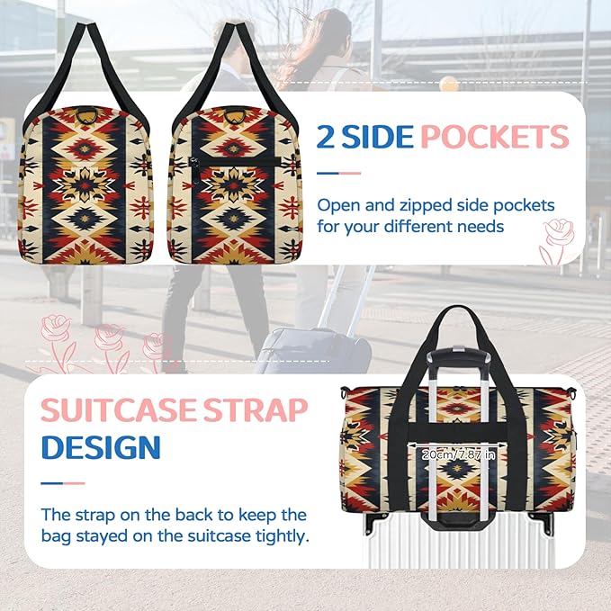 Aztec floral Travel Duffle Bag for Women Men, Overnight Weekender Bag, Carry on Tote for Sport Gym