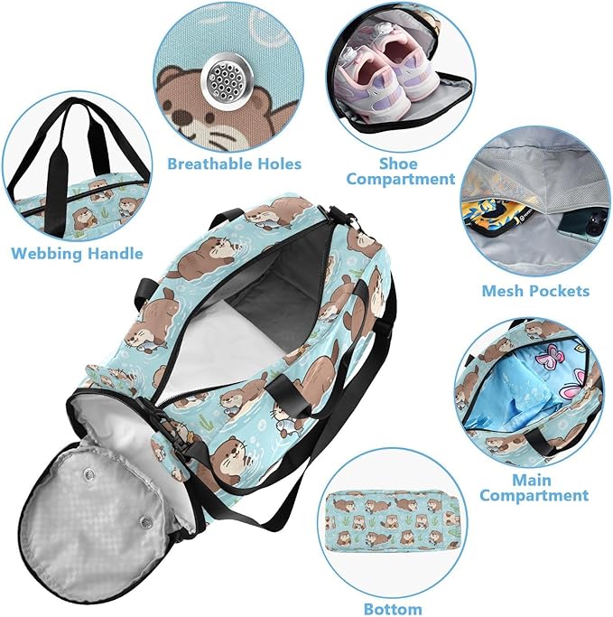 Cute Otters Kids Duffle Bag, Overnight Travel Sport Gym Bags with Shoe Compartment for Boys & Girls