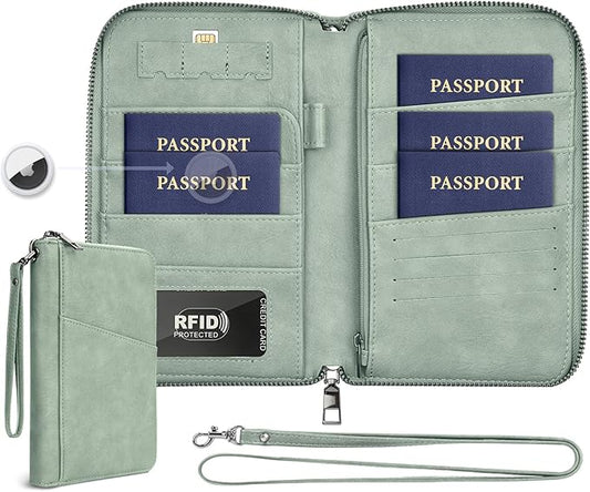 Family Passport Holder Wallet RFID Travel Document Organizer for Women Men, Portable Case Cover for Cards, Boarding Pass with Wrist & Neck Double Strap, Travel Christmas Gifts (Sage Green, 1pack)