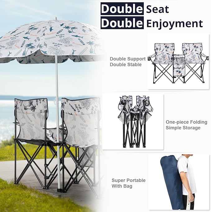 Double Folding Camping Chair W/Umbrella Fold Up Table Beverage Holder Carrying Bag Cooler for Patio Pool Park Outdoor Beach, Picnic, Portable (Coconut)