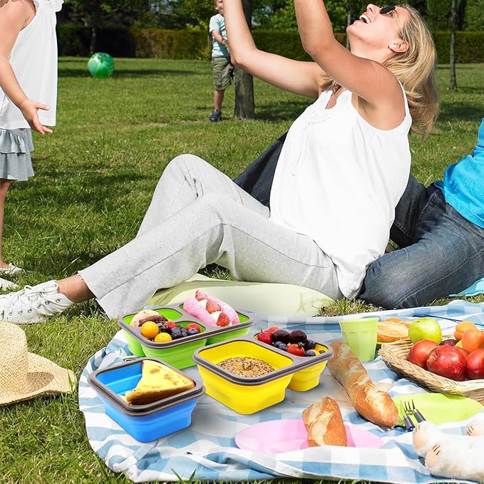 Set of 3 Collapsible Silicone Bento Lunch Boxes With Lids Spoon Fork, Divided Compartments Food Storage Containers, Safe in Microwave, Dishwasher and Freezer, BPA Free (Assorted 3PCS)