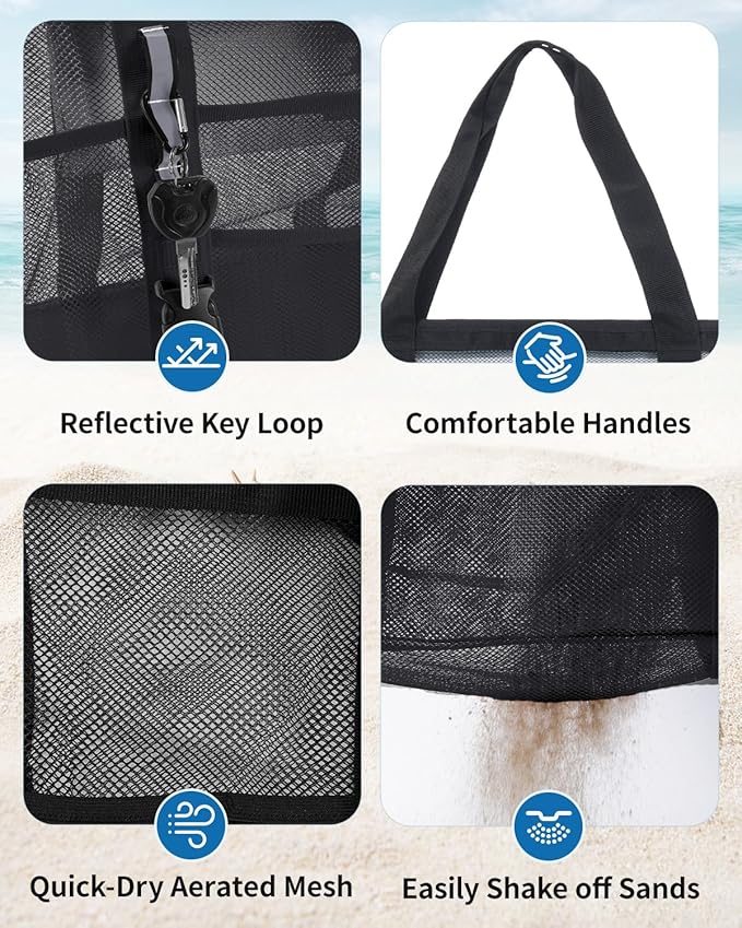 WANDF Mesh Beach Bag for Women, Large Beach Tote Bags with 40oz Tumbler Side Pockets, Family Pool Bag for Swim Toys Towels Cruise Vacation Essentials (Black) | Breathable