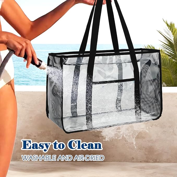 Clear Beach Bag for Women, Large Pool Tote Cruise Vacation Essentials - Zipper Closure, Waterproof, Sandproof