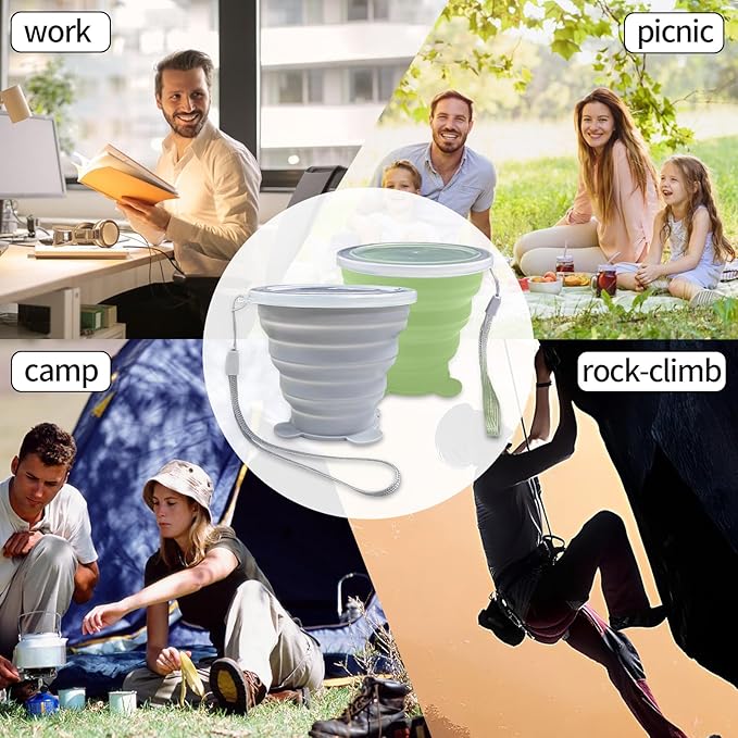 2 Pcs Collapsible Cups, Silicone Collapsible TravelCup, Expandable Folding Camping Drinking Cup with Lids Reusable Small Portable Mugs-Cup for Travel, Camping, Hiking,Outdoors (Grey&Green)