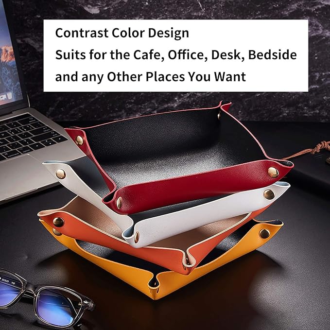 Leather Valet Tray for Men Women, Small Jewelry Catchall Tray, Deskop Nightstand Organizer, Portable Travel Key Plate for Entryway Table, Watch Candy Gifts (Red + Black)