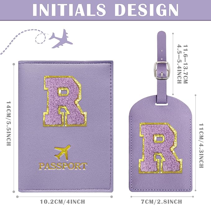 COSHAYSOO Initial Passport Cover Luggage Tag Set Letter Passport Holder Airplane Cruise Travel Essentials Vacation Traveling Accessories Personalized Gifts for Women Teen College Girls Purple R