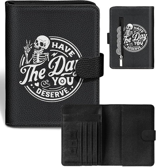 Slohif Passport Wallet Holder Cover for Travel - Women Men RFID Blocking Passport Book Case Protector, Black Fun Skull Skeleton Leather Personalized Organizer Slim Carrier Boarding Pass Cards Slots