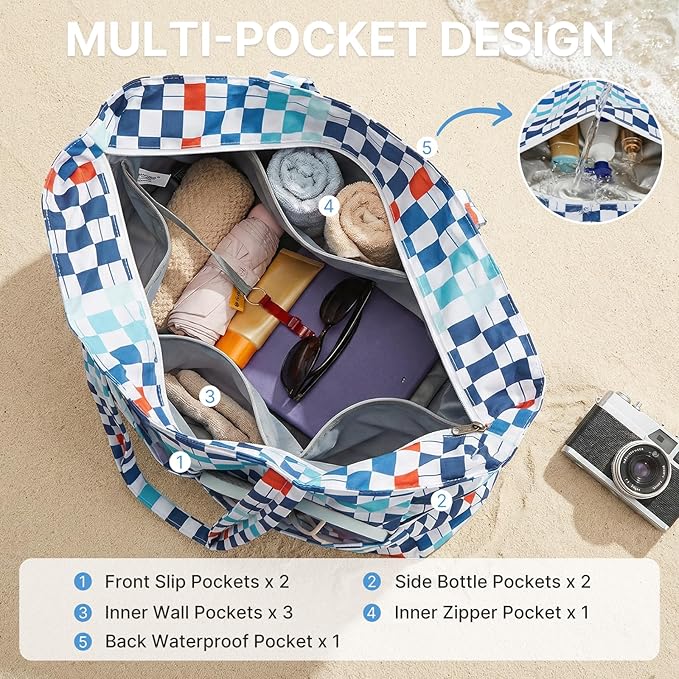 G4Free XL Beach Bag Waterproof Sandproof, Large Foldable Beach Tote with Zipper for Women, Pool Travel Swim Grocery Tote Bag