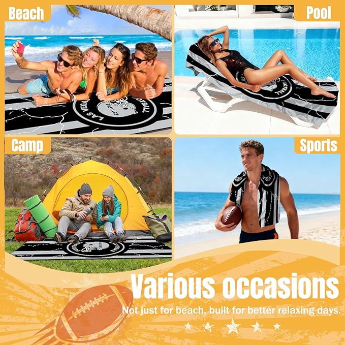 2 Pack Football Fan Thin Lightweight Microfiber Beach Towel Las Vegas City Themed Large Absorbent Oversized Towels Men Women Stuff Raiders Team Dad Husband Guy Him Birthday Anniversary Useful Gift
