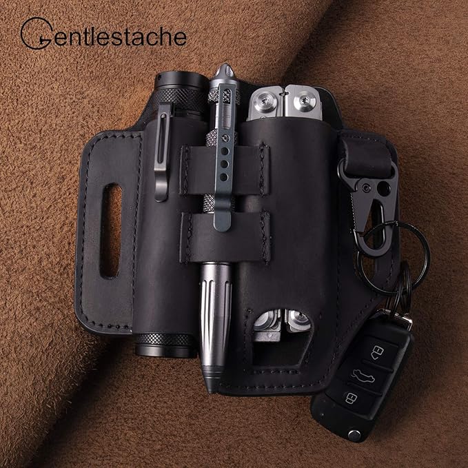 Gentlestache Multitool Belt Sheath, EDC Leather Belt Organizer, Belt Holder with Multitool Pouch, Flashlight Holder, Pen Holder and Keychain Clip, Practical EDC Belt Pouch for Men
