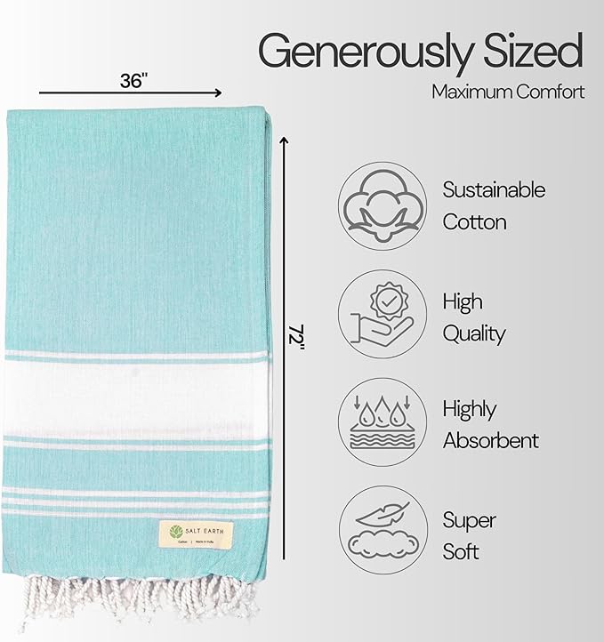 Salt Earth Cotton Turkish Beach Towel, Set of 6-36" X72" Large Bath Towels, Quick Dry Towel, Bathroom, Beach Essentials, Gym, Quick Dry for Shower, Lightweight Large Towels for All (Multicolor)