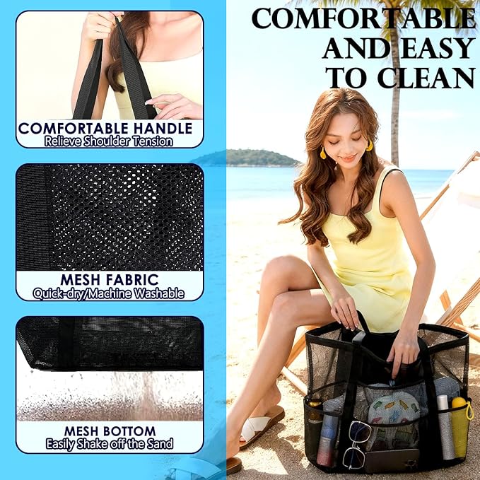 Mesh Beach Bag, Large Beach Tote with Zipper Pocket, Toys Pool Bag for Family Travel Vacation Cruise Essentials