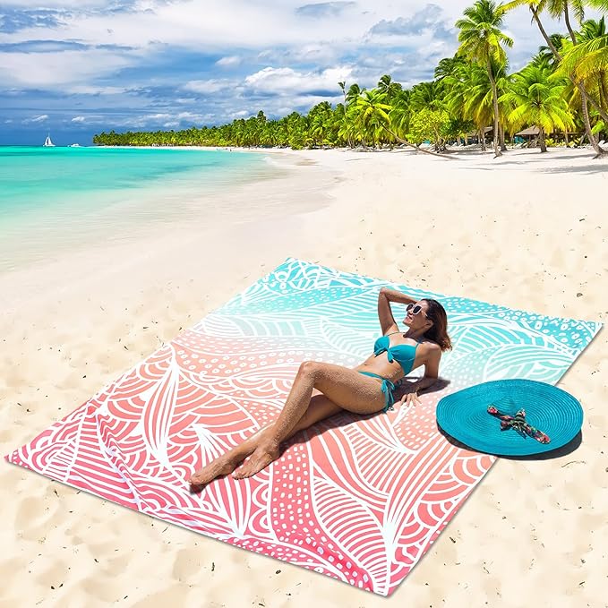 Beach Blanket Waterproof Sandproof Beach Mat for 1-8 Adults Quick Drying Durable Outdoor Picnic Mat for Beach Festival Travel Camping Hiking (Gradiant P&GN-Ripple, 79"×108"(6 Person))