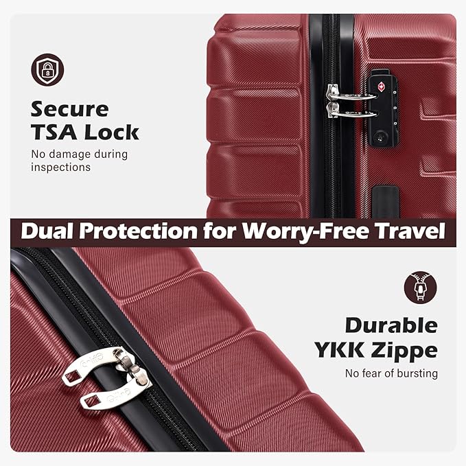 Coolife Luggage Sets, 3 Piece Hard Shell Suitcase Set with Spinner Wheels, Expandable Large Checked Luggage, Lightweight Rolling Carry On with TSA Lock Wine Red
