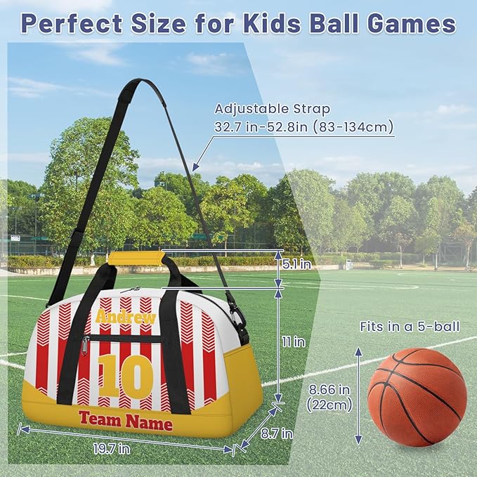 Basketball Soccer Gifts for Boys Girls - Custom Sports Duffle Bag, Personalized Name & Team Bag, Water-Resistant Gym Bag for Basketball, Soccer, Volleyball | Y-Red Yellow