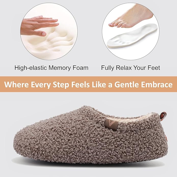 Women’s Fuzzy Memory Foam Slippers with Cozy Curly Fur and Warm Fleece Lining Closed Back Non-Slip House Shoes Lightweight Soft Comfy Indoor Bedroom Slippers