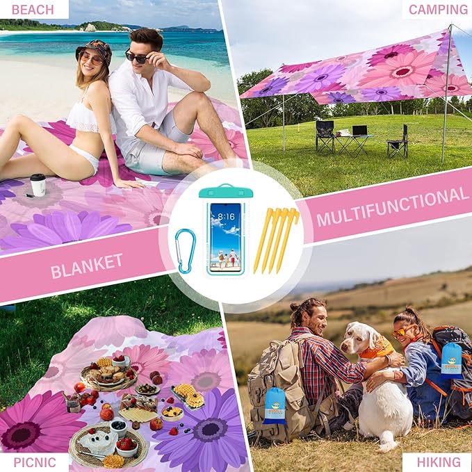 BYDOLL Beach Blanket Waterproof Sandproof 78''×110'' Suits1-7 Adults Compact Lightweight Oversized Sand-Free Blanket Large Picnic Mat for Beach Travel Camping Hiking