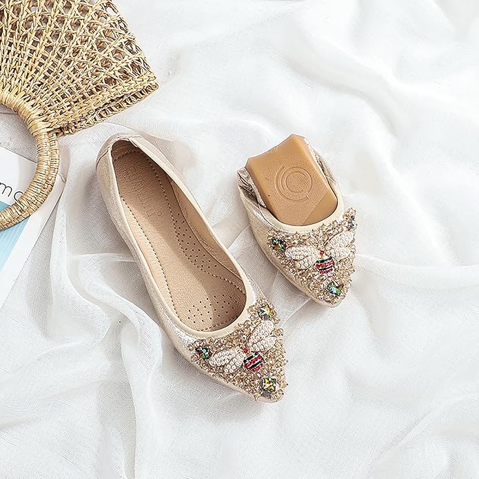 Women Ballet Flats Sparkly Rhinestone Wedding Ballerina Shoes Pointed Toe Foldable Comfort Slip on Flat Dress Shoes