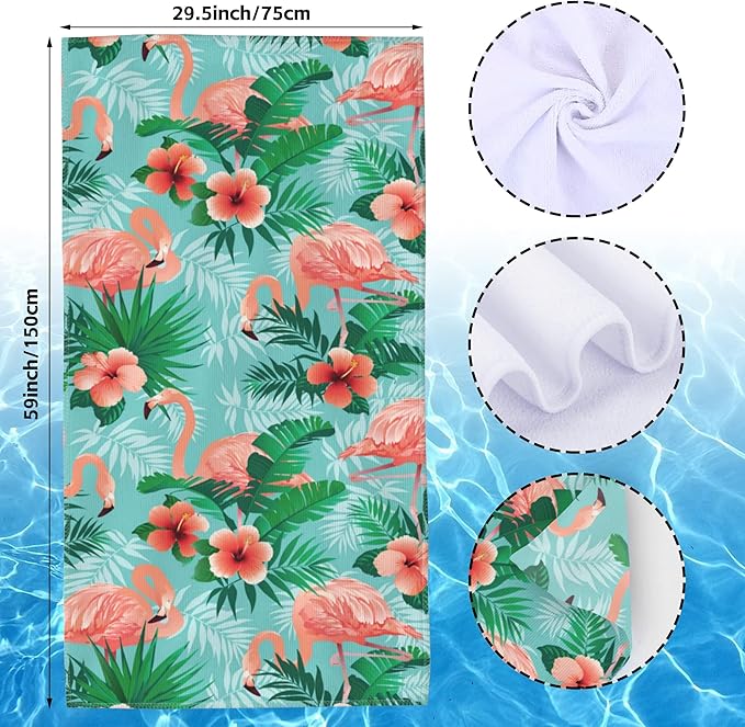 Flamingos Beach Towel,Tropical Pink Flamingos and Jungle Palm Leaves Lightweight Compact Sand Free Quick Dry Oversized Pool Swimming Towels for Girls Women Adults,29.5"×59"