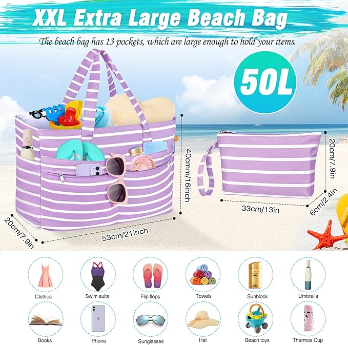 HUANLANG Extra Large Beach Bag Waterproof Beach Totes Bags for Women Men,Pool Bag with Zipper Wet Pocket