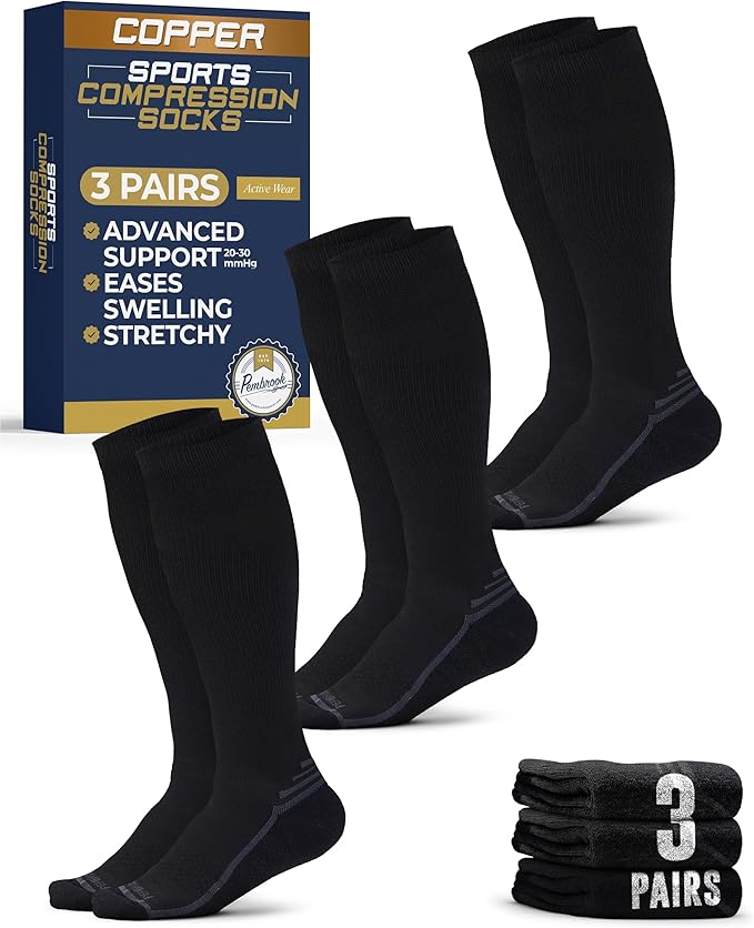 Pembrook 3 Pairs Copper Mens Compression Socks 20-30 mmHg, Running, Hiking, Athletic Cycling, Travel | Circulation Support
