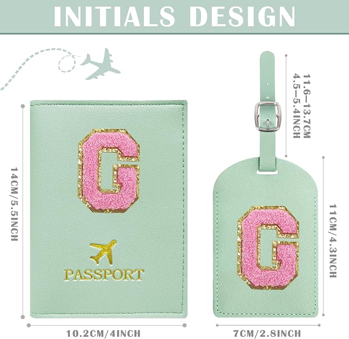 COSHAYSOO Initial Passport Cover Luggage Tag Set Letter Passport Holder Airplane Cruise Travel Essentials Vacation Traveling Accessories Personalized Gifts for Women Teen College Girls Teal G